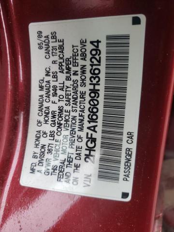 2HGFA16609H361294 - 2009 HONDA CIVIC LX-S برغندي صورة 12