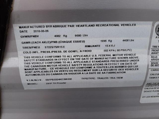 5SFPB3324KE396332 - 2019 HEART LAND PROWLER 灰色 照片 10