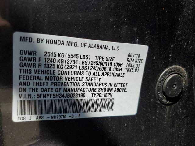 5FNYF5H34JB028190 - 2018 HONDA PILOT EX GRAY photo 13