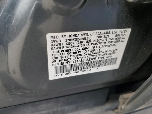 5FNYF18458B032325 - 2008 HONDA PILOT EX GRAY photo 12