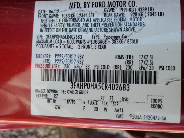 3FAHP0HA5CR402683 - 2012 FORD FUSION SE RED photo 12