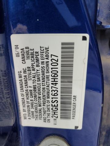 2HGES16374H601027 - 2004 HONDA CIVIC DX VP Mavi foto 12