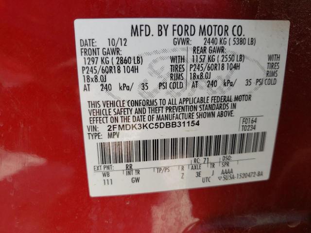 2FMDK3KC5DBB31154 - 2013 FORD EDGE LIMITED RED photo 12