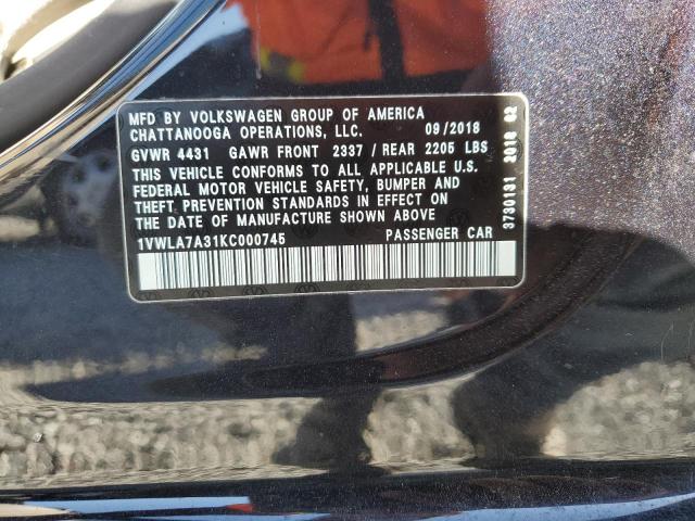 1VWLA7A31KC000745 - 2019 VOLKSWAGEN PASSAT WOLFSBURG BLACK photo 12