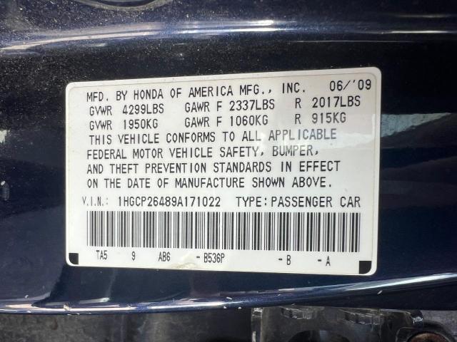 1HGCP26489A171022 - 2009 HONDA ACCORD LXP BLUE photo 10