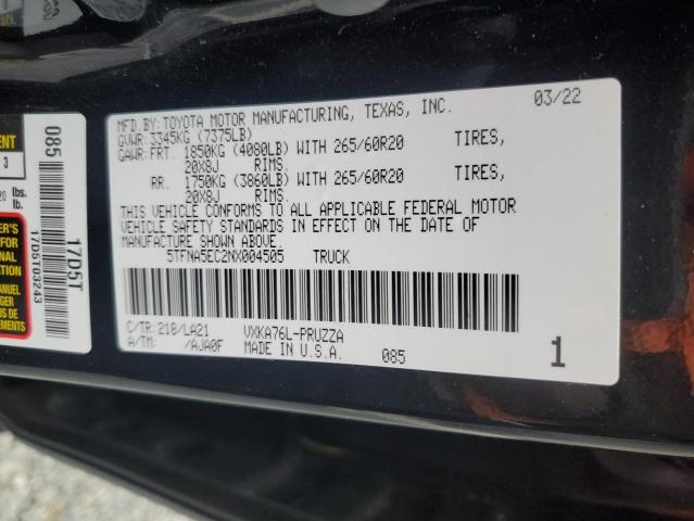 5TFNA5EC2NX004505 - 2022 TOYOTA TUNDRA CREWMAX PLATINUM Schwarz Foto 12