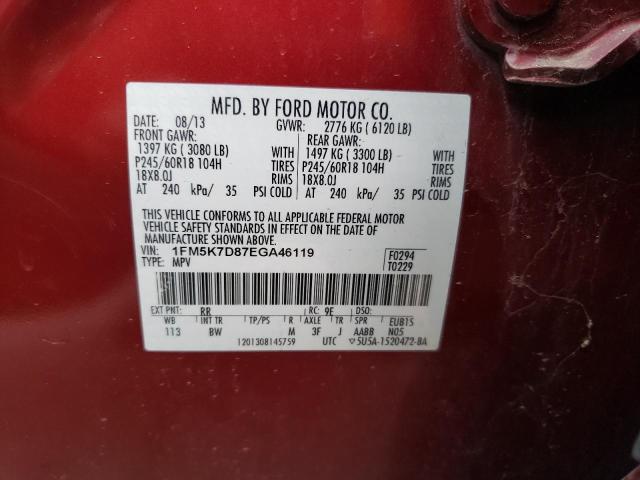 1FM5K7D87EGA46119 - 2014 FORD EXPLORER XLT RED photo 12