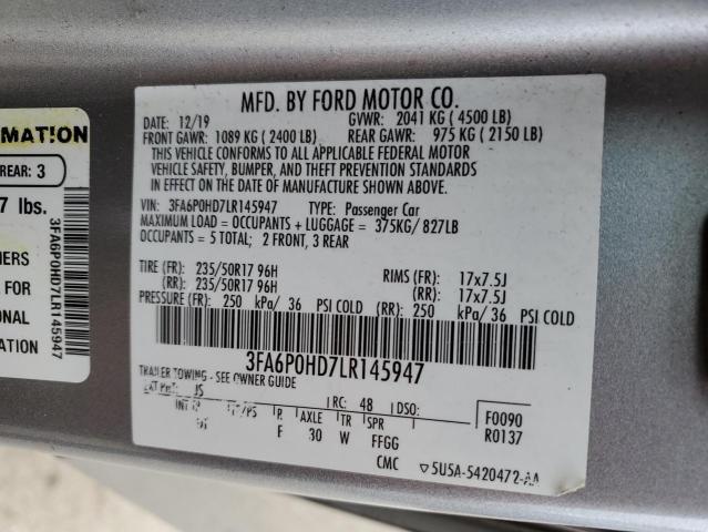 3FA6P0HD7LR145947 - 2020 FORD FUSION SE SILVER photo 12