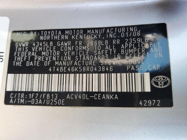 4T4BE46K58R043846 - 2008 TOYOTA CAMRY CE SILVER photo 12