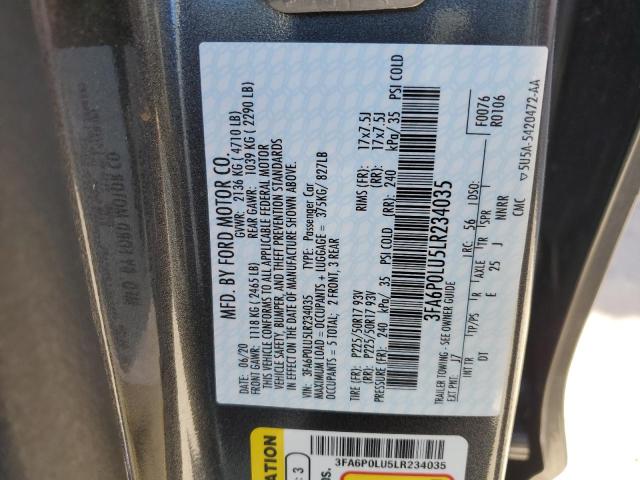 3FA6P0LU5LR234035 - 2020 FORD FUSION SE CHARCOAL photo 12