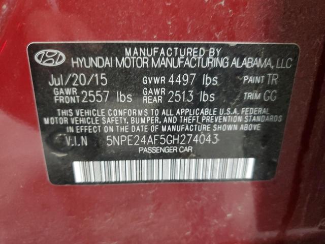 5NPE24AF5GH274043 - 2016 HYUNDAI SONATA SE RED photo 12