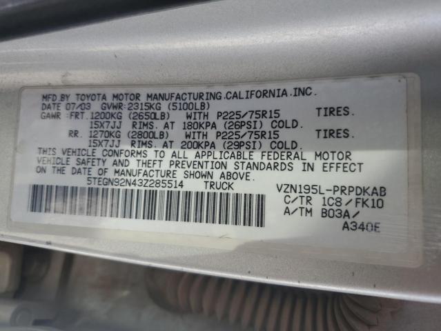 5TEGN92N43Z285514 - 2003 TOYOTA TACOMA DOUBLE CAB PRERUNNER SILVER photo 12