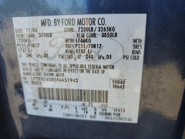 1FTPX14585NA51942 - 2005 FORD F150 BLUE photo 12