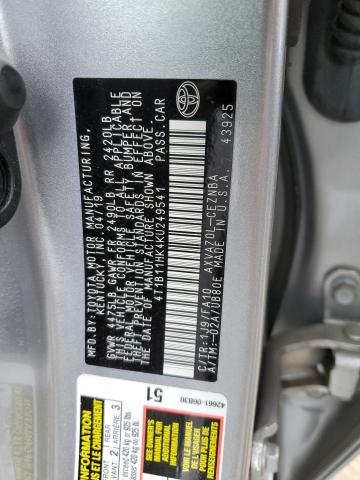 4T1B11HK4KU249541 - 2019 TOYOTA CAMRY L SILVER photo 13