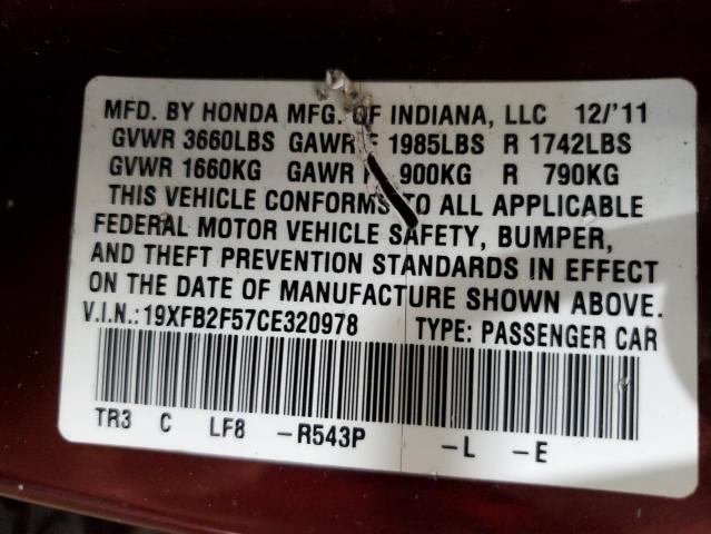 19XFB2F57CE320978 - 2012 HONDA CIVIC LX BURGUNDY photo 13