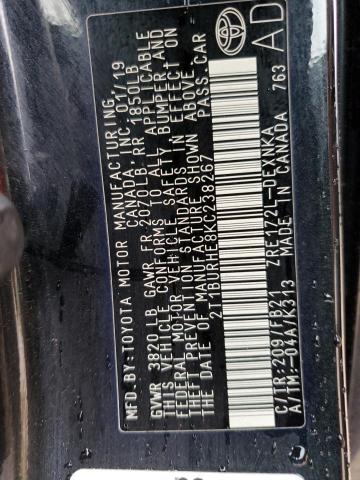 2T1BURHE8KC238267 - 2019 TOYOTA COROLLA L 黑色 照片 12