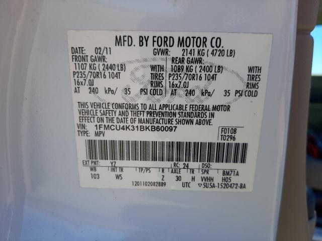 1FMCU4K31BKB60097 - 2011 FORD ESCAPE HYBRID WHITE photo 12