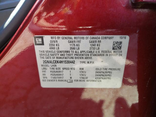 2GNALCEK4H1538442 - 2017 CHEVROLET EQUINOX LT RED photo 12