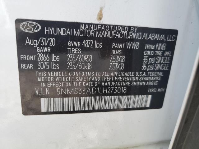 5NMS33AD1LH273018 - 2020 HYUNDAI SANTA FE SEL Սպիտակ լուսանկար 12