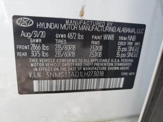 5NMS33AD1LH273018 - 2020 HYUNDAI SANTA FE SEL WHITE photo 12