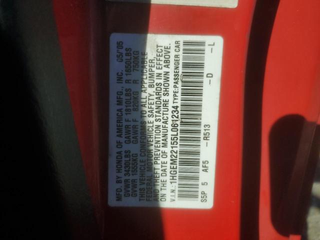 1HGEM22155L061234 - 2005 HONDA CIVIC DX VP RED photo 12