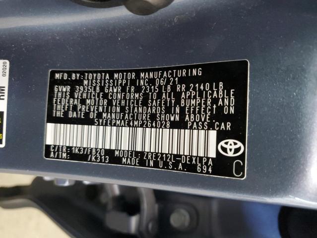 5YFEPMAE4MP264028 - 2021 TOYOTA COROLLA LE BLUE photo 13