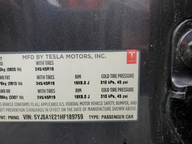 5YJSA1E21HF189759 - 2017 TESLA MODEL S Սև լուսանկար 12