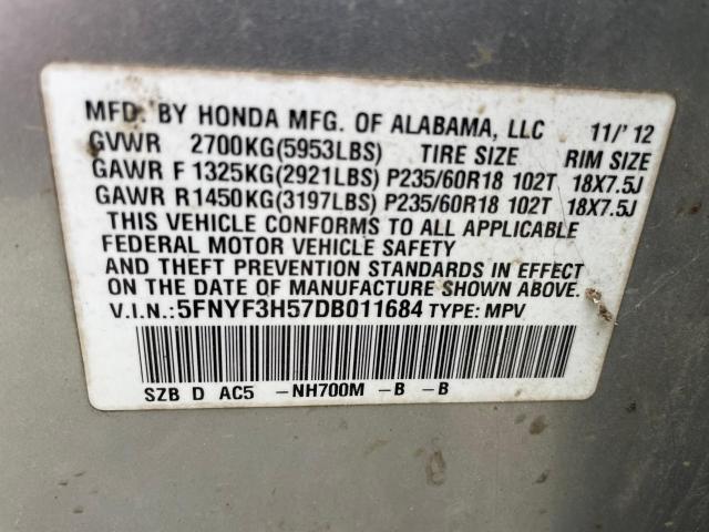 5FNYF3H57DB011684 - 2013 HONDA PILOT EXL SILVER photo 10