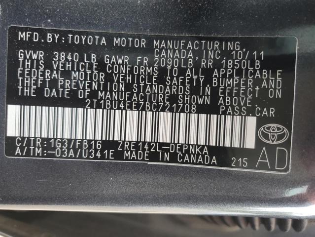 2T1BU4EE7BC721708 - 2011 TOYOTA COROLLA BASE GRAY photo 12
