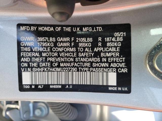 SHHFK7H43MU227290 - 2021 HONDA CIVIC SPORT Կապույտ լուսանկար 10