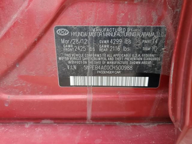 5NPEB4AC0CH500988 - 2012 HYUNDAI SONATA GLS BURGUNDY photo 12