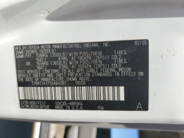 5TBRT34175S464287 - 2005 TOYOTA TUNDRA ACCESS CAB SR5 WHITE photo 13