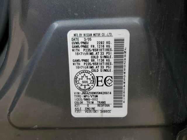 JN8AZ08W05W426914 - 2005 NISSAN MURANO SL GRAY photo 13