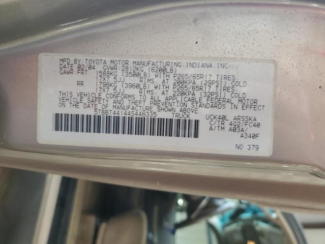 5TBBT44144S446335 - 2004 TOYOTA TUNDRA ACCESS CAB SR5 TAN photo 12