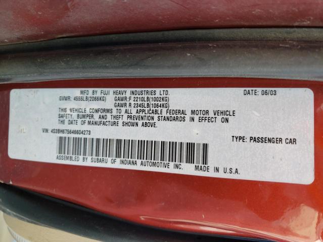 4S3BH675646604273 - 2004 SUBARU LEGACY OUTBACK AWP 红色 照片 12