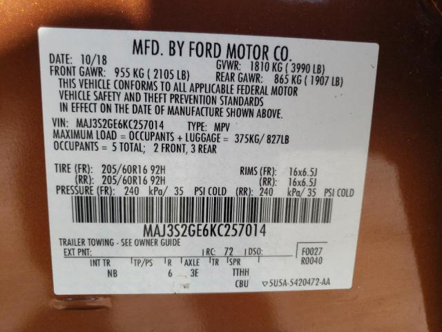 MAJ3S2GE6KC257014 - 2019 FORD ECOSPORT SE BROWN photo 13