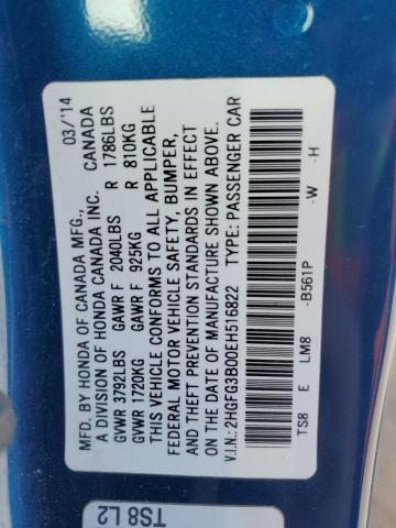 2HGFG3B00EH516822 - 2014 HONDA CIVIC EXL Mavi foto 13