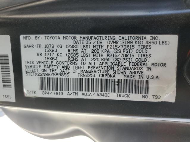 5TETX22N98Z589896 - 2008 TOYOTA TACOMA ACCESS CAB 黑色 照片 12