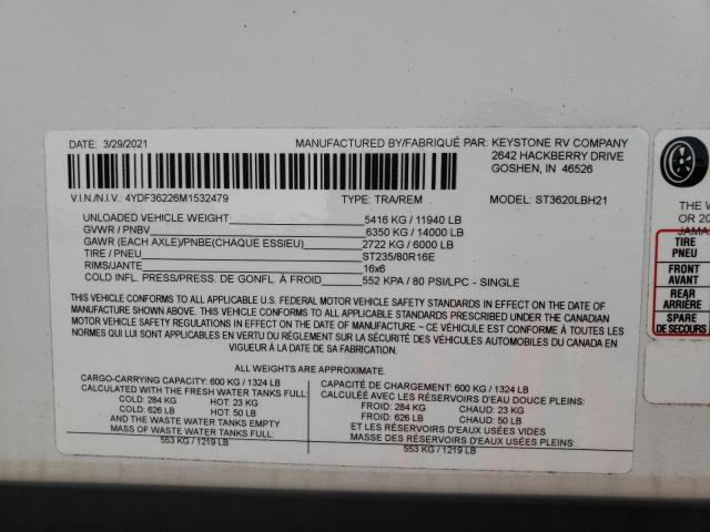4YDF36226M1532479 - 2021 KEYSTONE SPRINTER WHITE photo 10