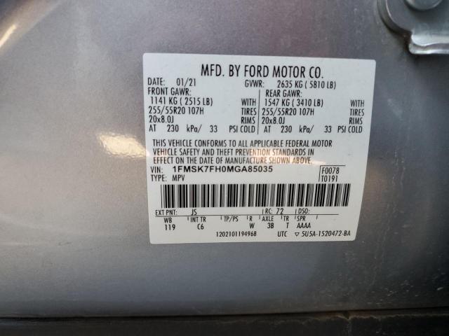 1FMSK7FH0MGA85035 - 2021 FORD EXPLORER LIMITED SILVER photo 13