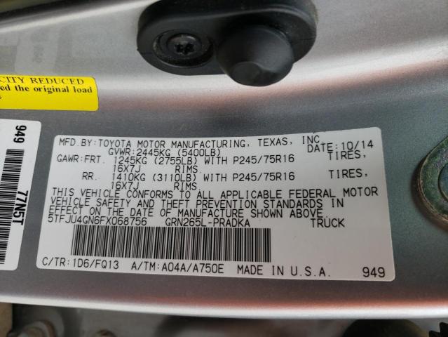 5TFJU4GN6FX068756 - 2015 TOYOTA TACOMA DOUBLE CAB PRERUNNER SILVER photo 13