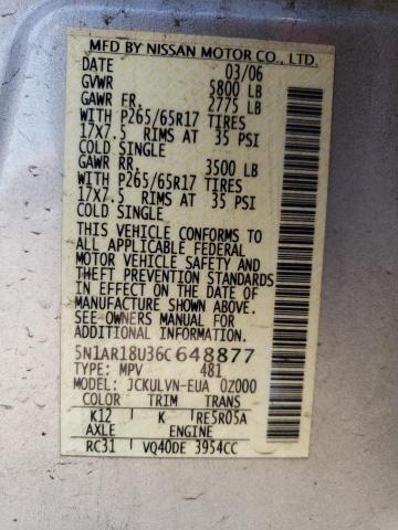 5N1AR18U36C648877 - 2006 NISSAN PATHFINDER LE 银色 照片 12