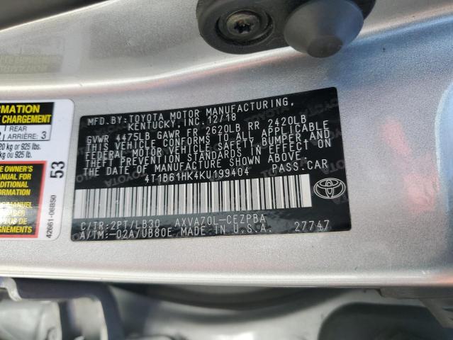 4T1B61HK4KU199404 - 2019 TOYOTA CAMRY XSE SILVER photo 12