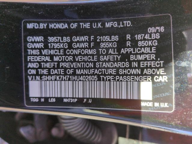 SHHFK7H71HU402605 - 2017 HONDA CIVIC EXL BLACK photo 12
