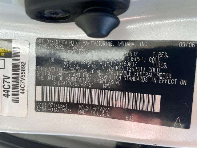 5TDZA22C76S549451 - 2006 TOYOTA SIENNA XLE WHITE photo 10