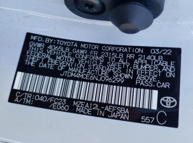 JTDM4MCE6NJ096299 - 2022 TOYOTA COROLLA SE 白色 照片 12