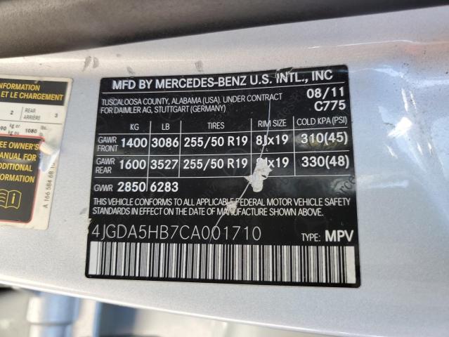 4JGDA5HB7CA001710 - 2012 MERCEDES-BENZ ML 350 4MATIC SILVER photo 12