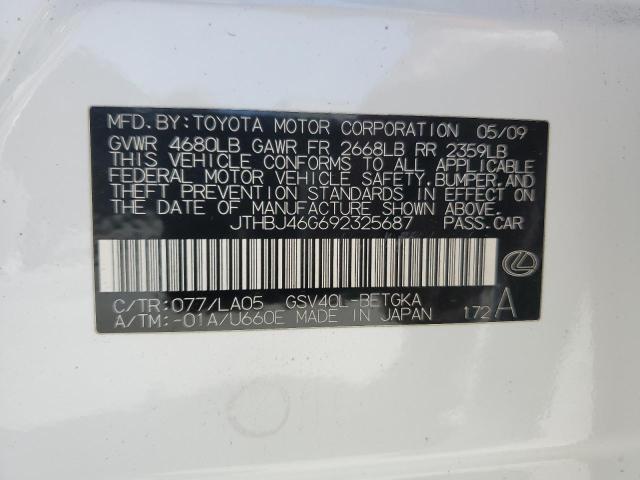 JTHBJ46G692325687 - 2009 LEXUS ES350 350 WHITE photo 12