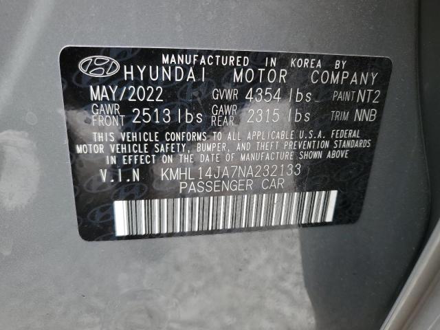 KMHL14JA7NA232133 - 2022 HYUNDAI SONATA SEL GRAY photo 12