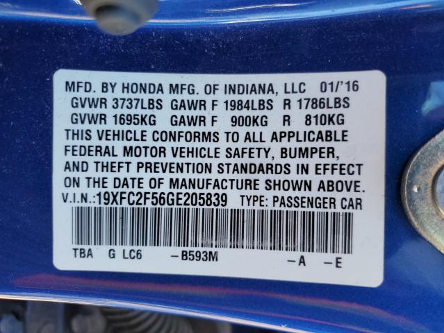 19XFC2F56GE205839 - 2016 HONDA CIVIC LX BLUE photo 12